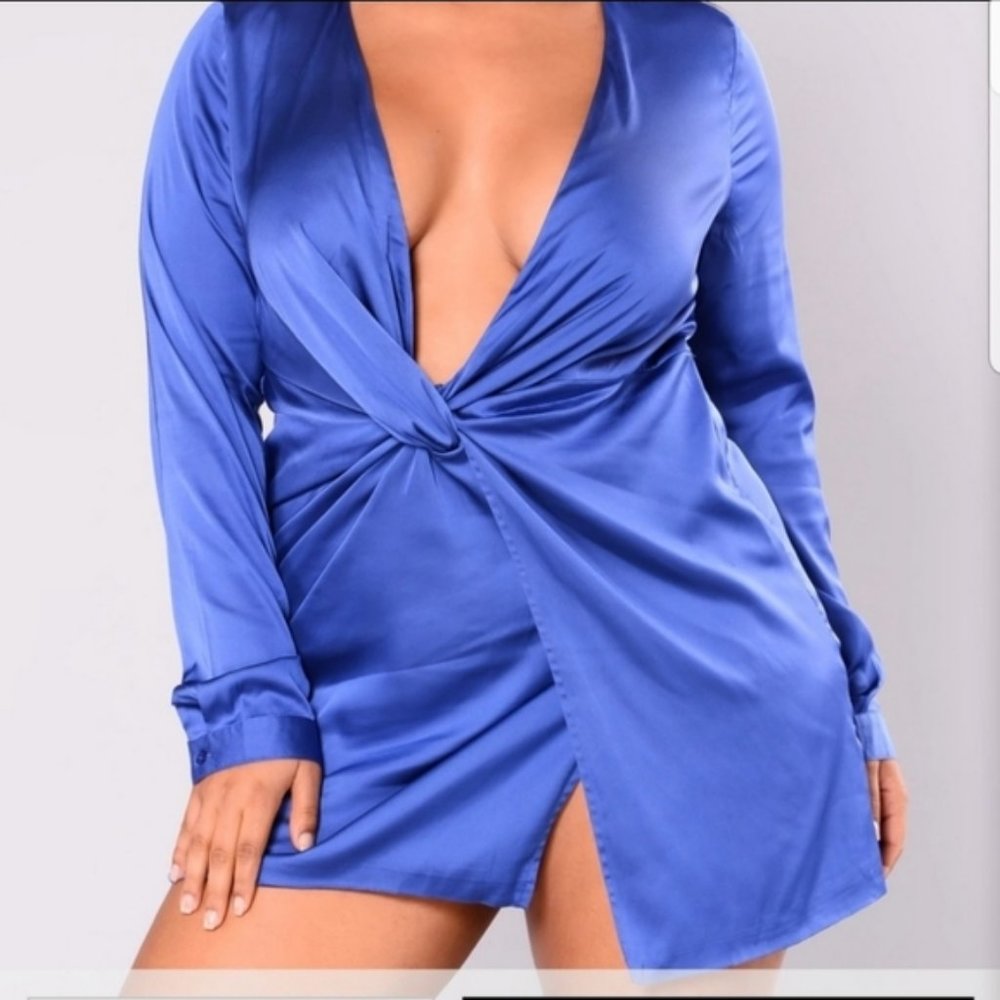 Satin Blue Deep V Mini  Fashion Nova Dress
